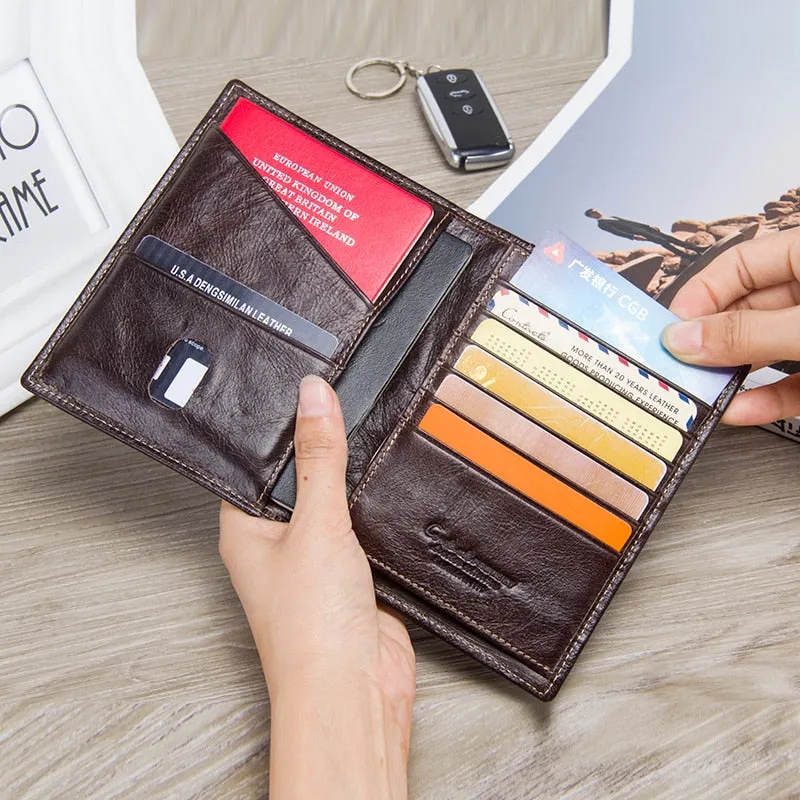Casual Genuine Leather Male Wallet Photo Holder Passport Card Holder For Travel Passport Purse With Zipper Pocket