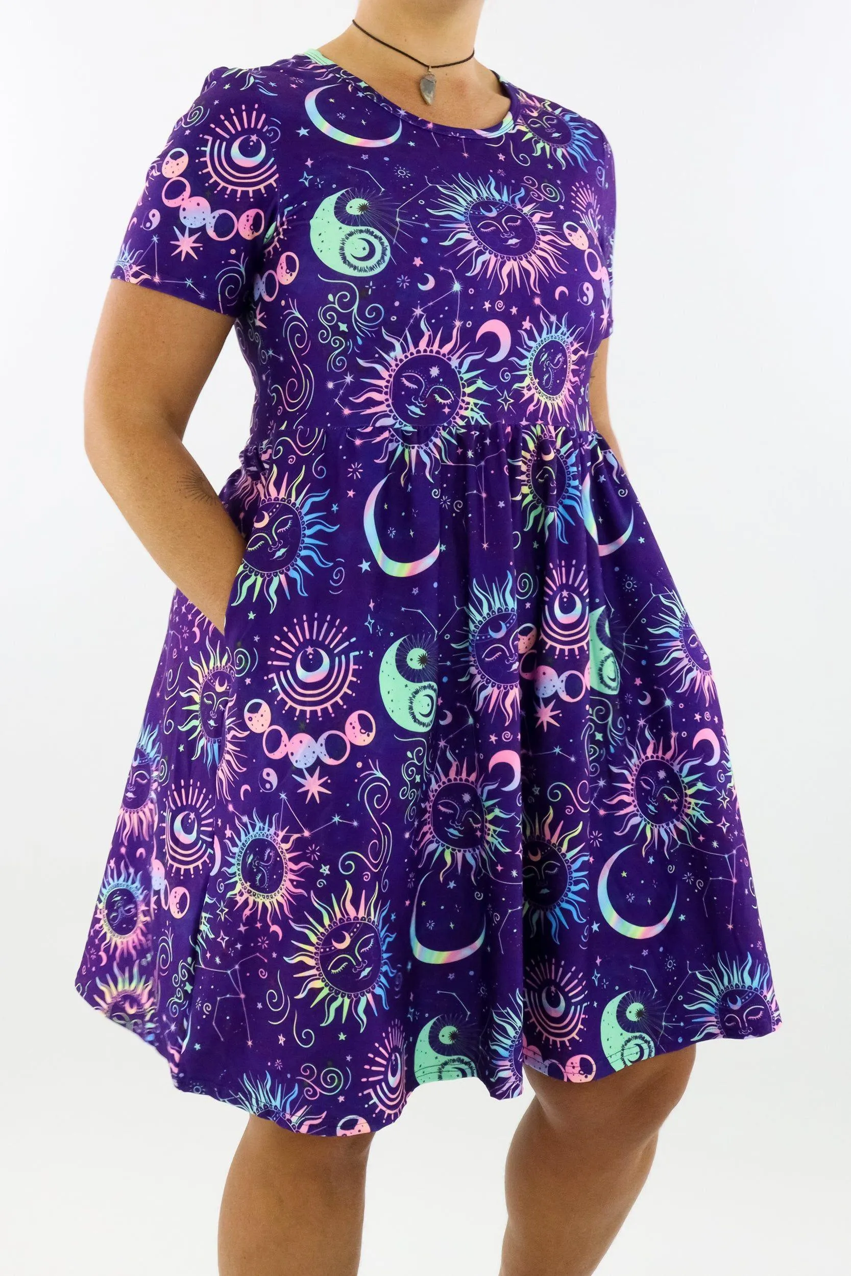 Celestial Soul - Short Sleeve Skater Dress - Knee Length - Side Pockets