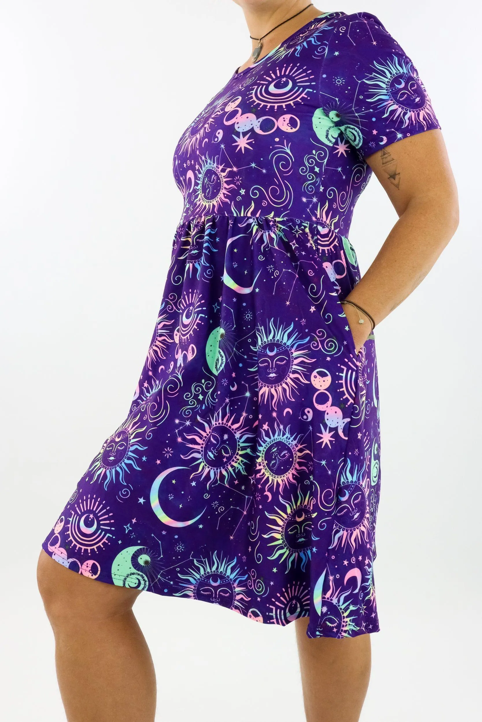 Celestial Soul - Short Sleeve Skater Dress - Knee Length - Side Pockets