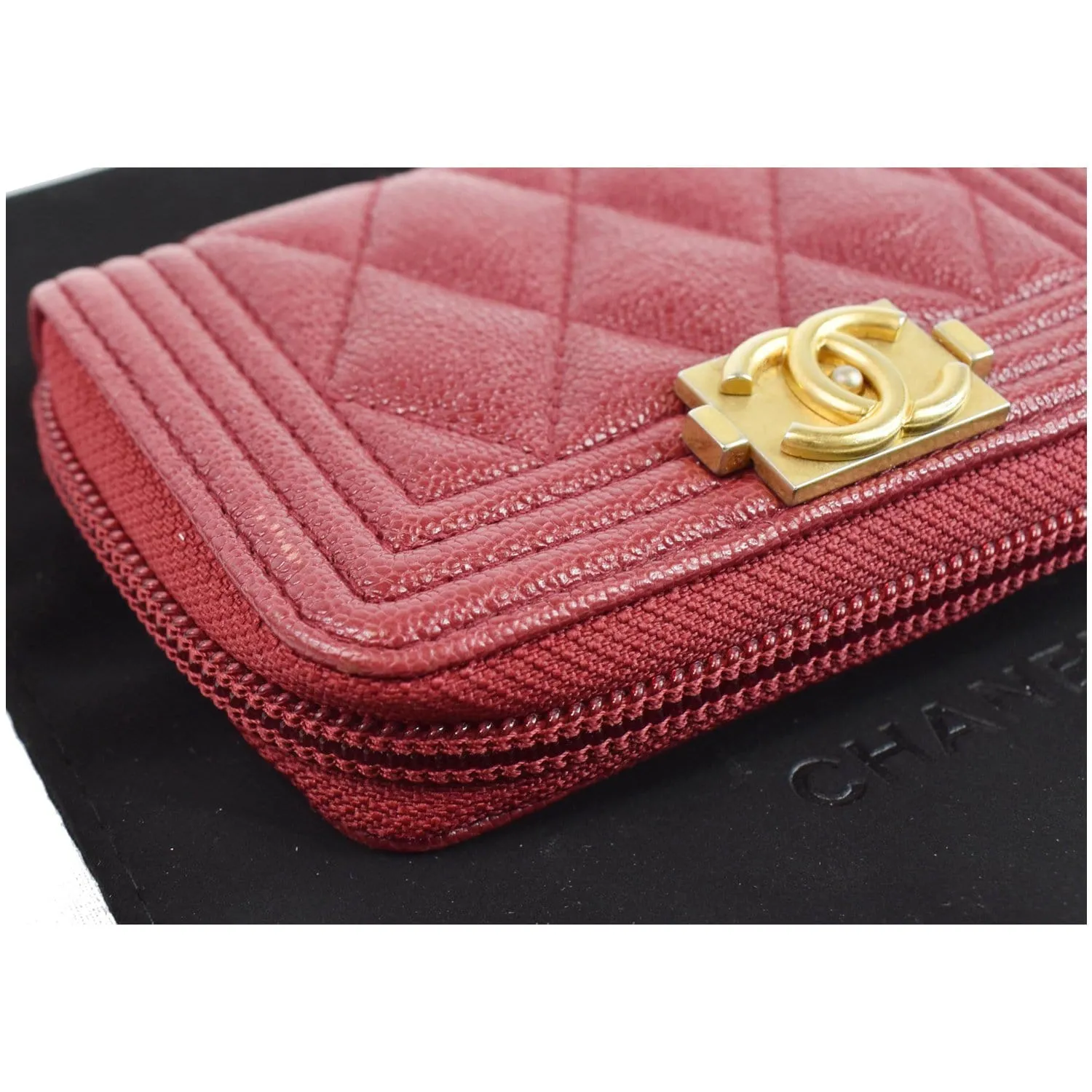 CHANEL Boy Zip Around Caviar Coin Purse Wallet Red