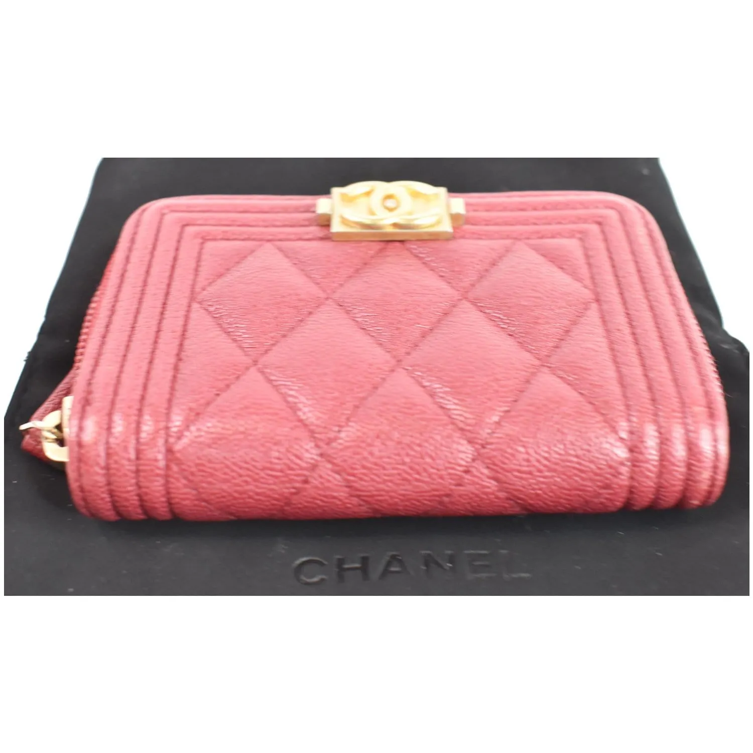 CHANEL Boy Zip Around Caviar Coin Purse Wallet Red