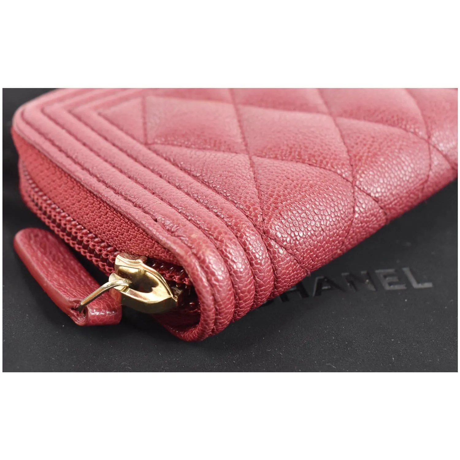 CHANEL Boy Zip Around Caviar Coin Purse Wallet Red