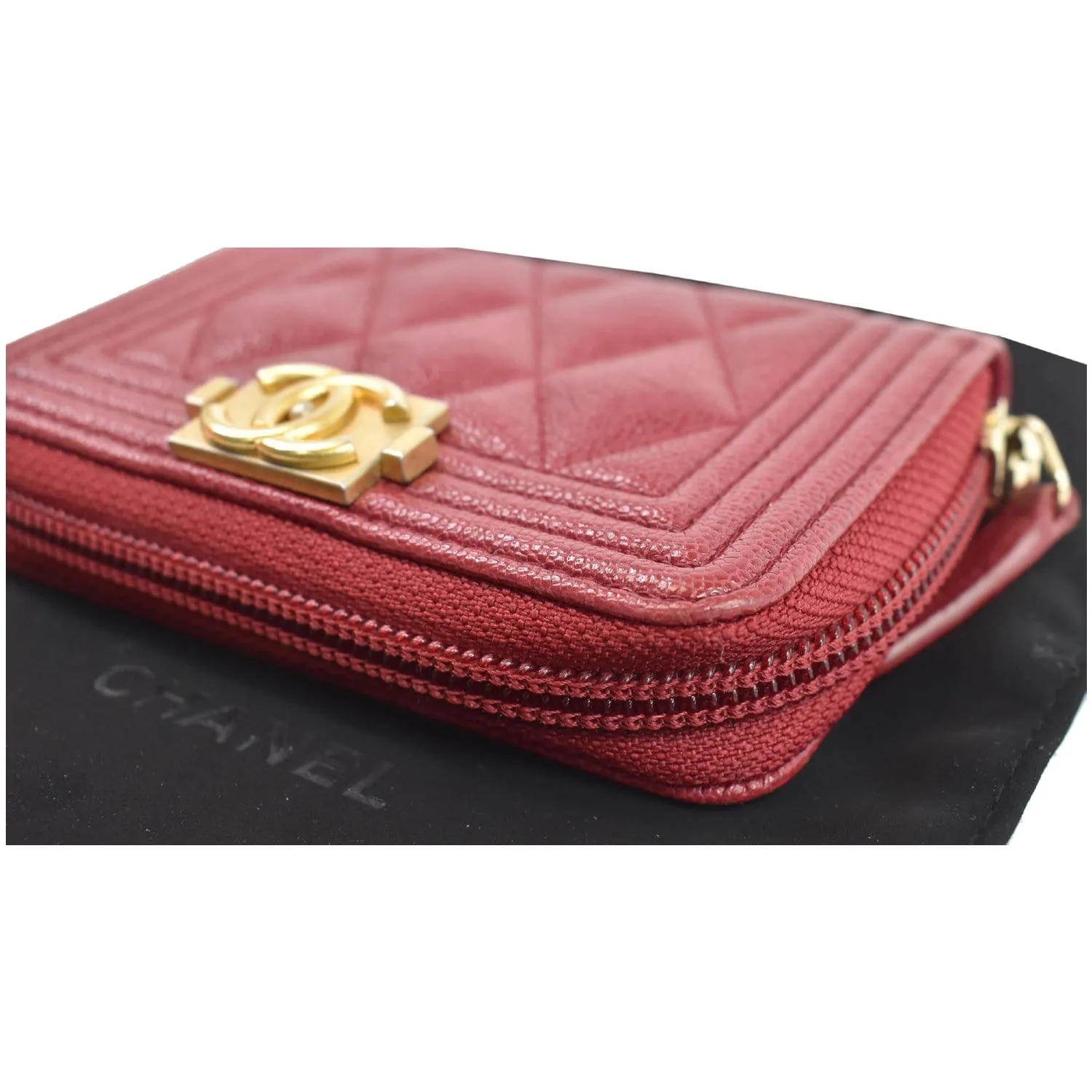 CHANEL Boy Zip Around Caviar Coin Purse Wallet Red