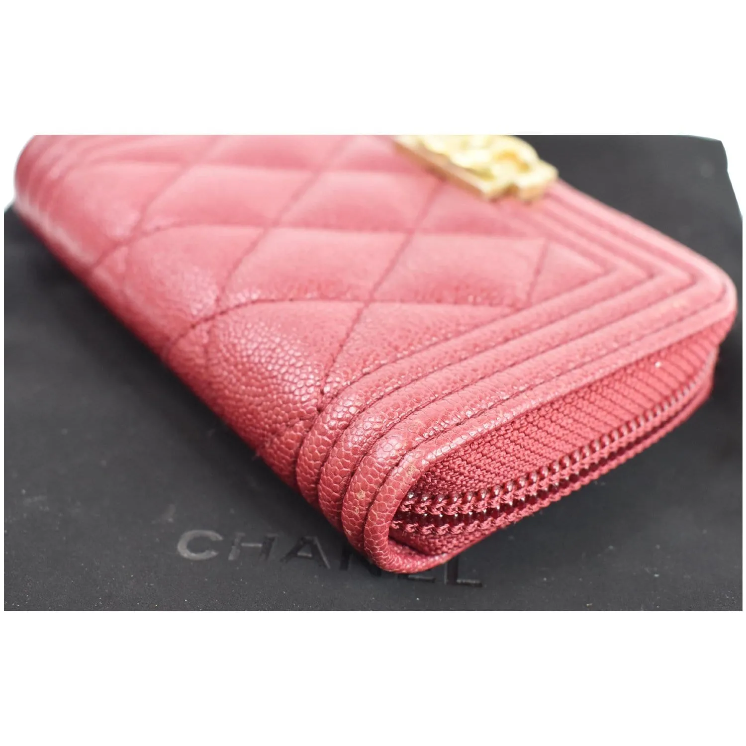 CHANEL Boy Zip Around Caviar Coin Purse Wallet Red