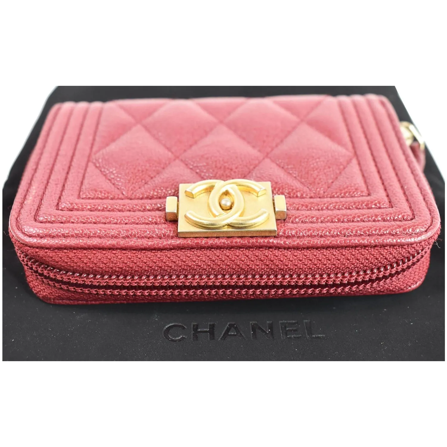 CHANEL Boy Zip Around Caviar Coin Purse Wallet Red