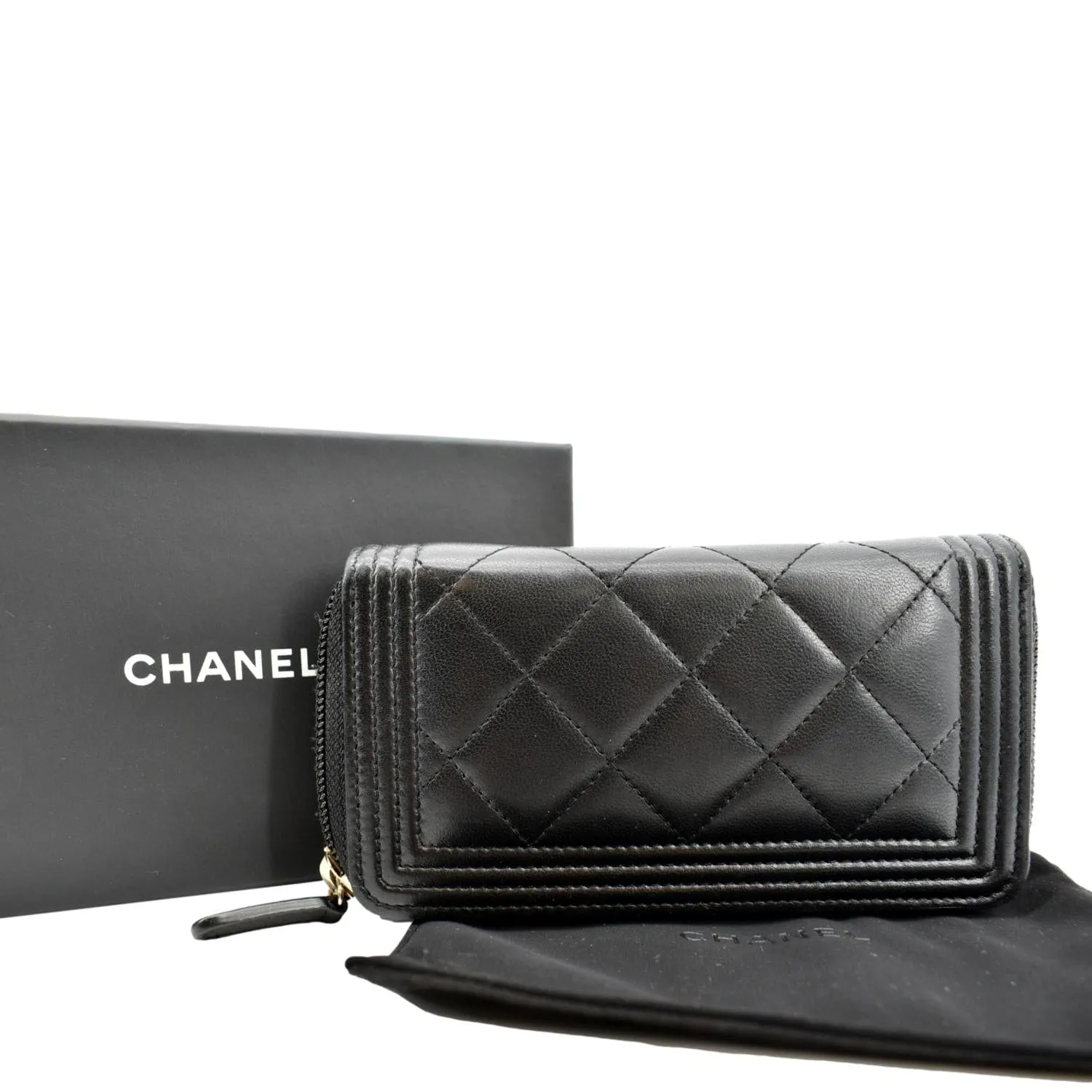 CHANEL Small Boy Lambskin Zip Around Wallet Black