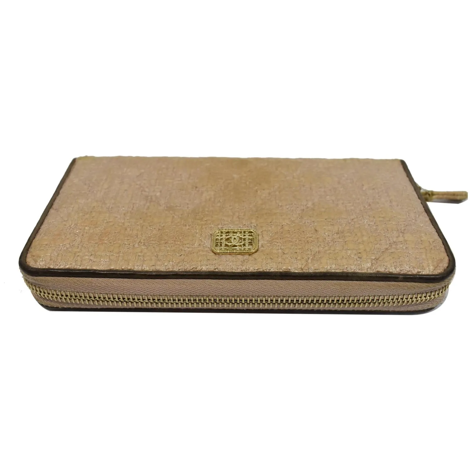 CHANEL Zip Around Coated Canvas Wallet Beige