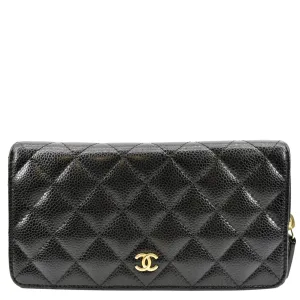CHANEL Zip Around Quilted Caviar Leather Wallet Black