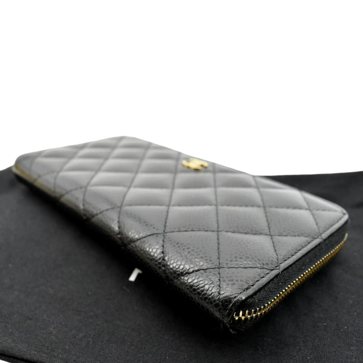 CHANEL Zip Around Quilted Caviar Leather Wallet Black