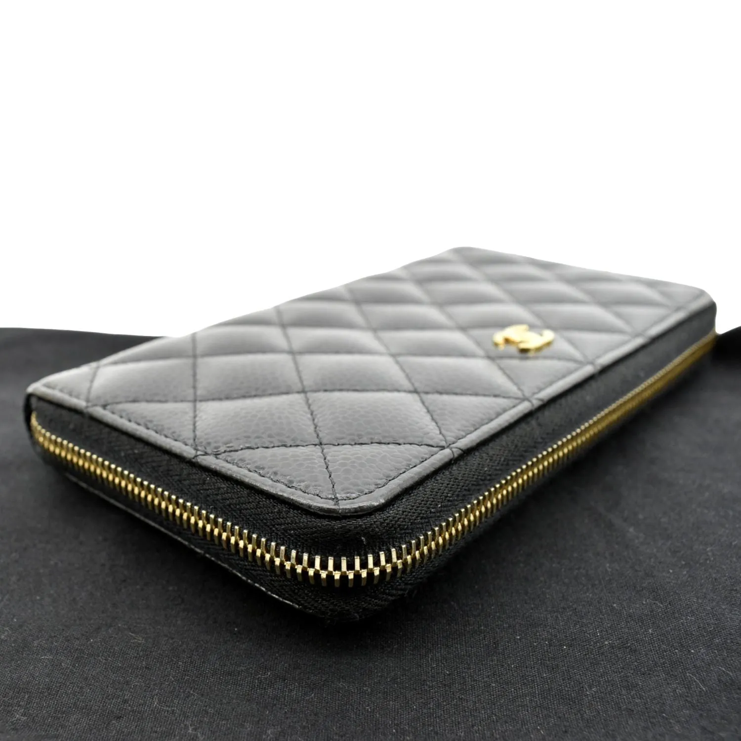 CHANEL Zip Around Quilted Caviar Leather Wallet Black