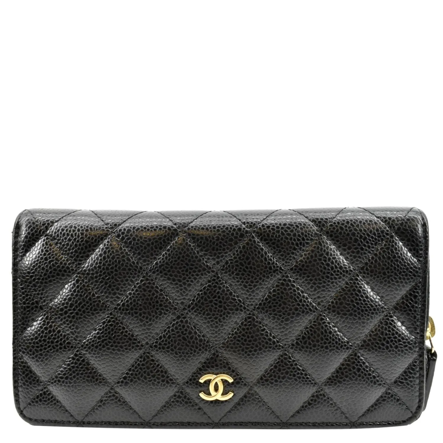 CHANEL Zip Around Quilted Caviar Leather Wallet Black