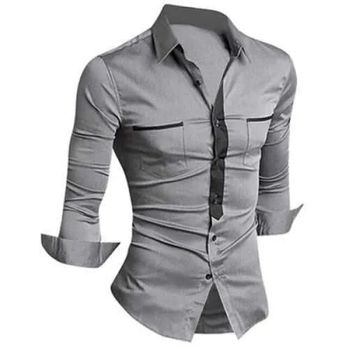 Classic Color Block Button Fly Double Pockets Shirt Collar Long Sleeves Shirt For Men - Gray 2xl