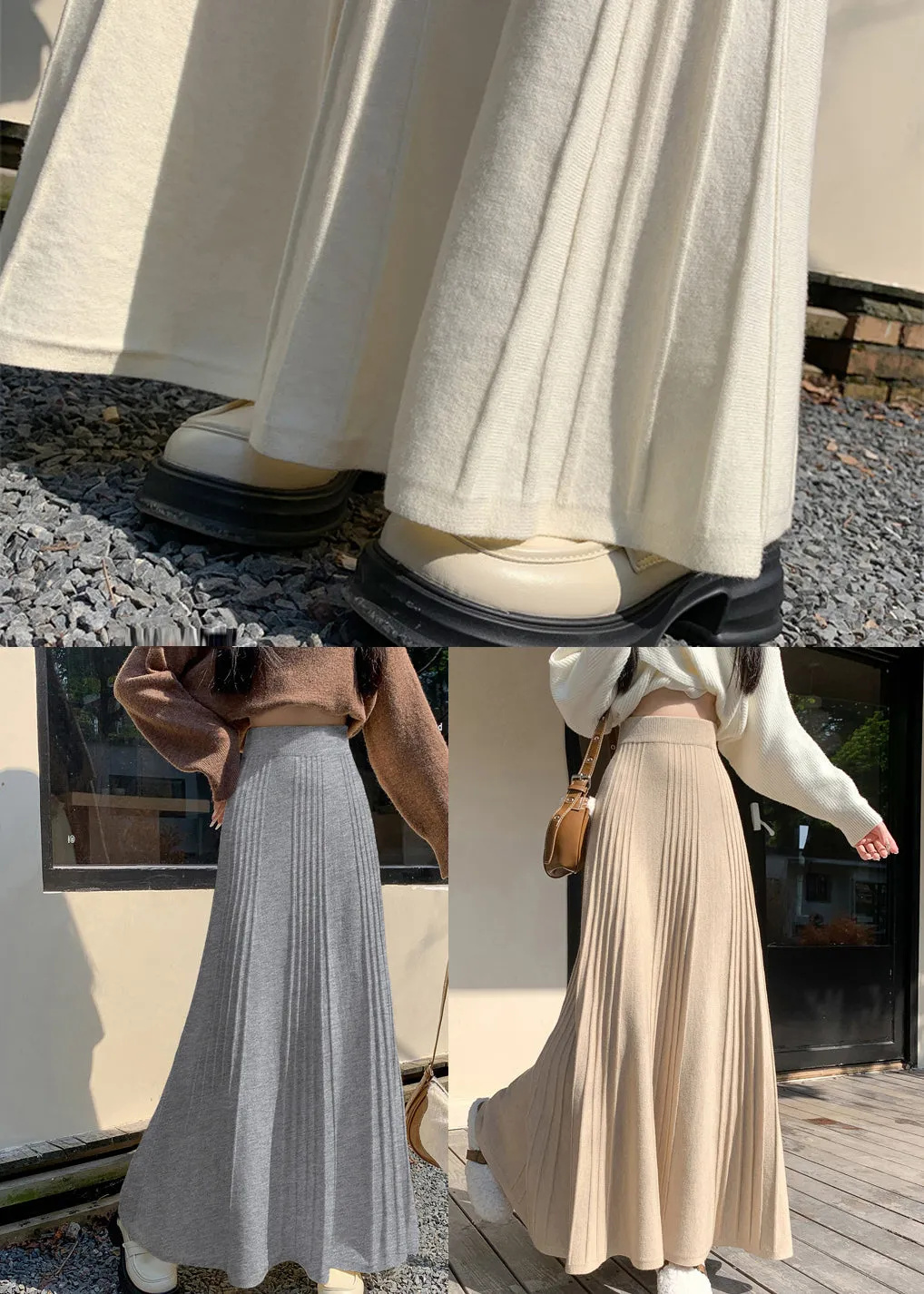 Classy Grey Exra Large Hem Knit Pleated Skirts Spring YP021