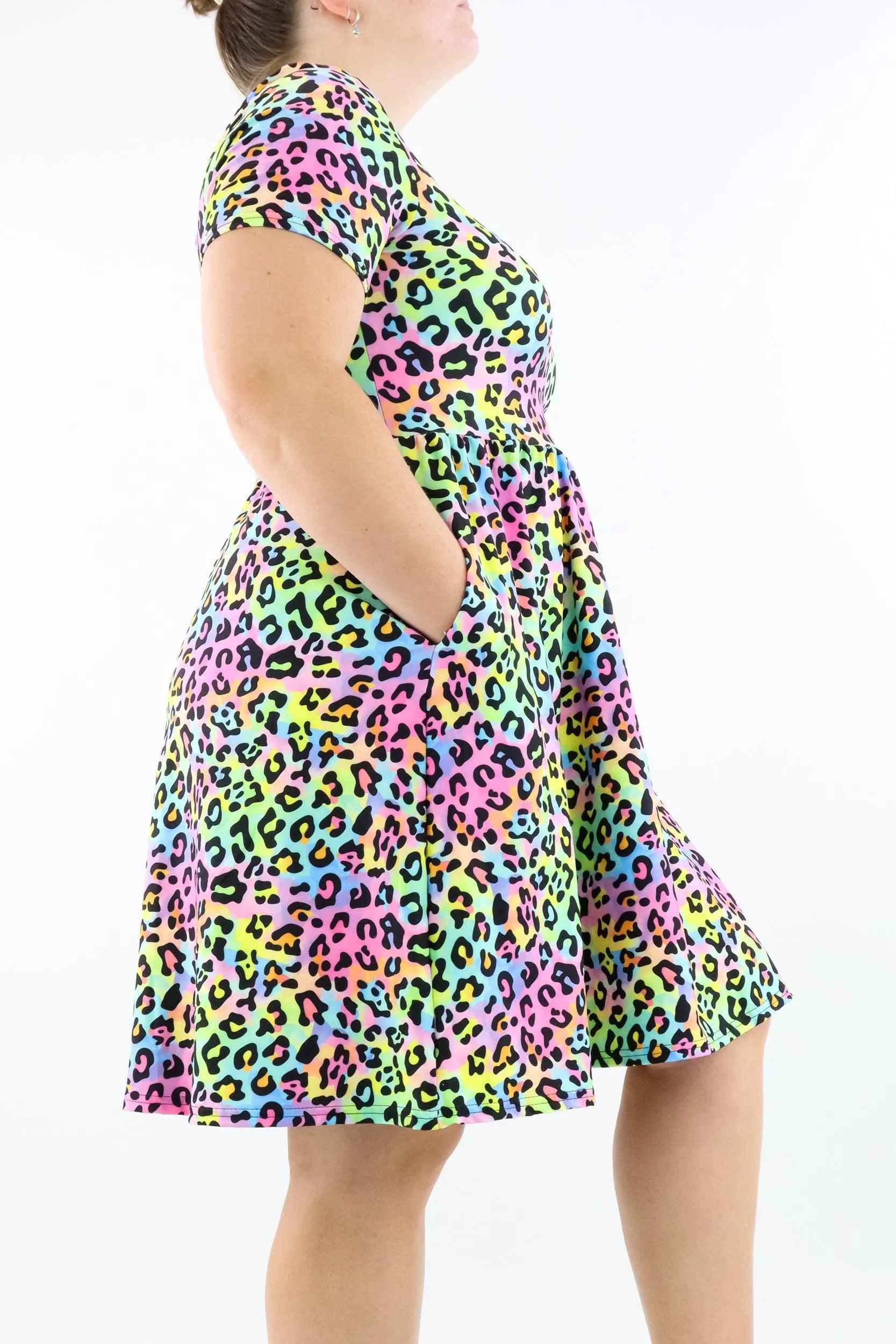 Colourpop Leopard - Short Sleeve Skater Dress - Knee Length - Side Pockets