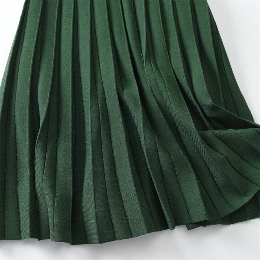 ContiNent 33 Women Knitted Pleated Skirts Fashion High Waist Knit Dress Solid Color Female Classic Skirt