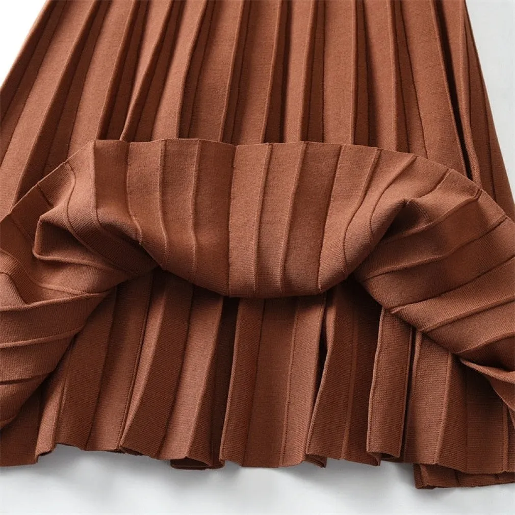 ContiNent 33 Women Knitted Pleated Skirts Fashion High Waist Knit Dress Solid Color Female Classic Skirt