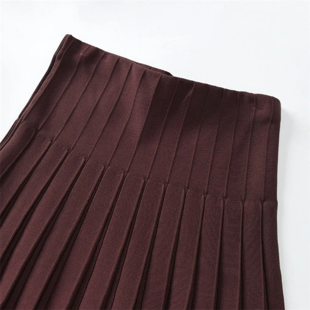 ContiNent 33 Women Knitted Pleated Skirts Fashion High Waist Knit Dress Solid Color Female Classic Skirt