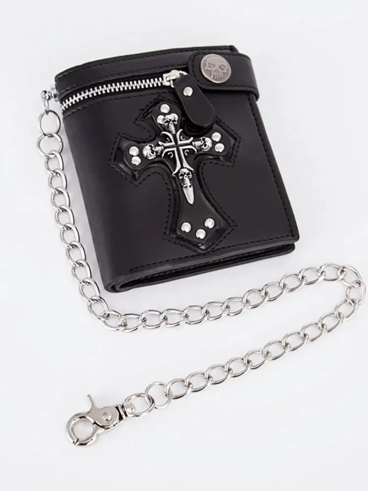 Cool PU Leather Punk Gothic Skull Cross Clutch Wallet with Chain