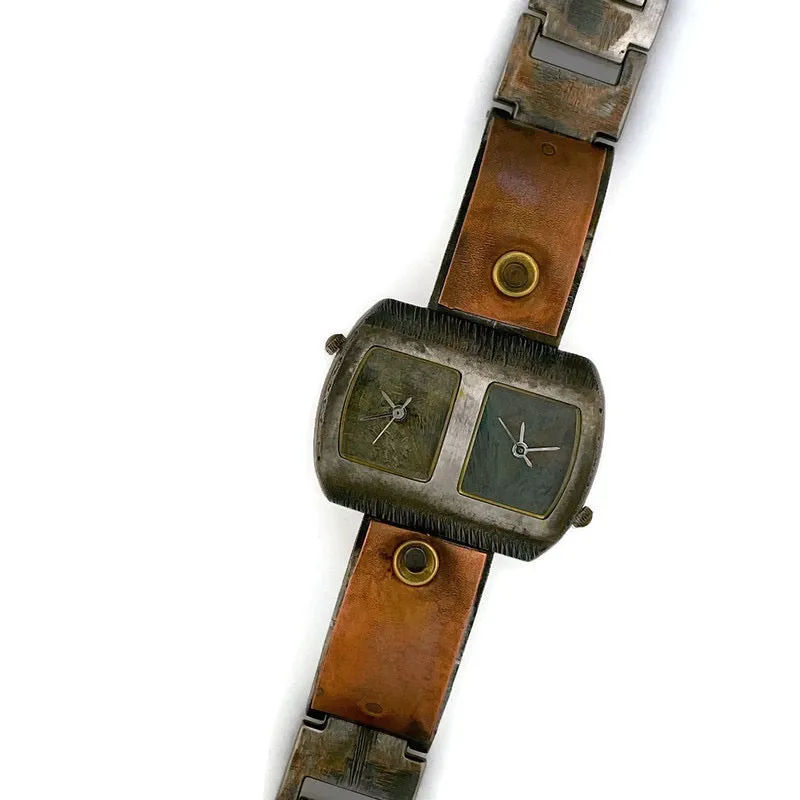 copper & brass Watch, blue & green Dials Two time zones