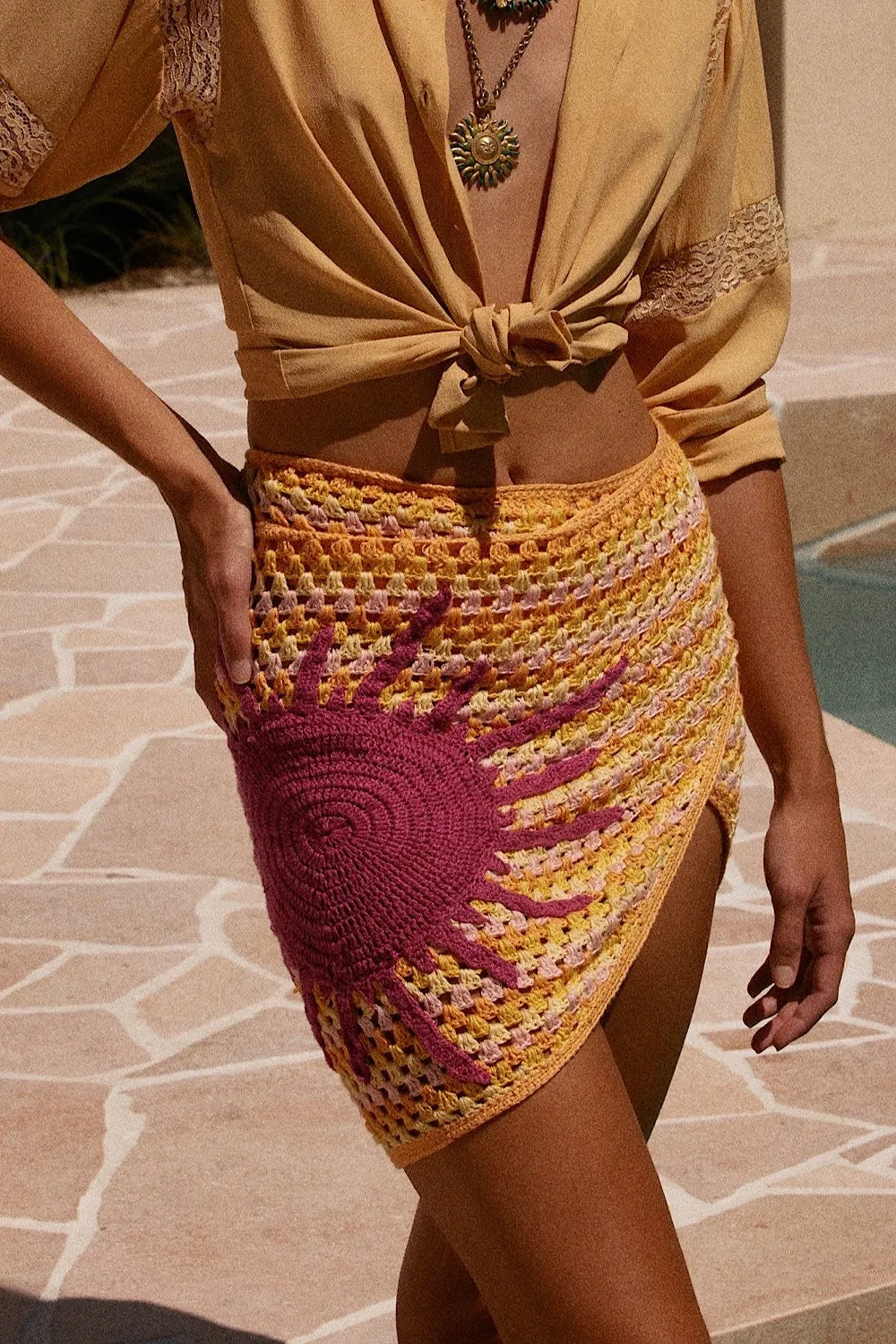 Cover Me In Sunshine Crochet Appliqué Sun Wrap Skirt