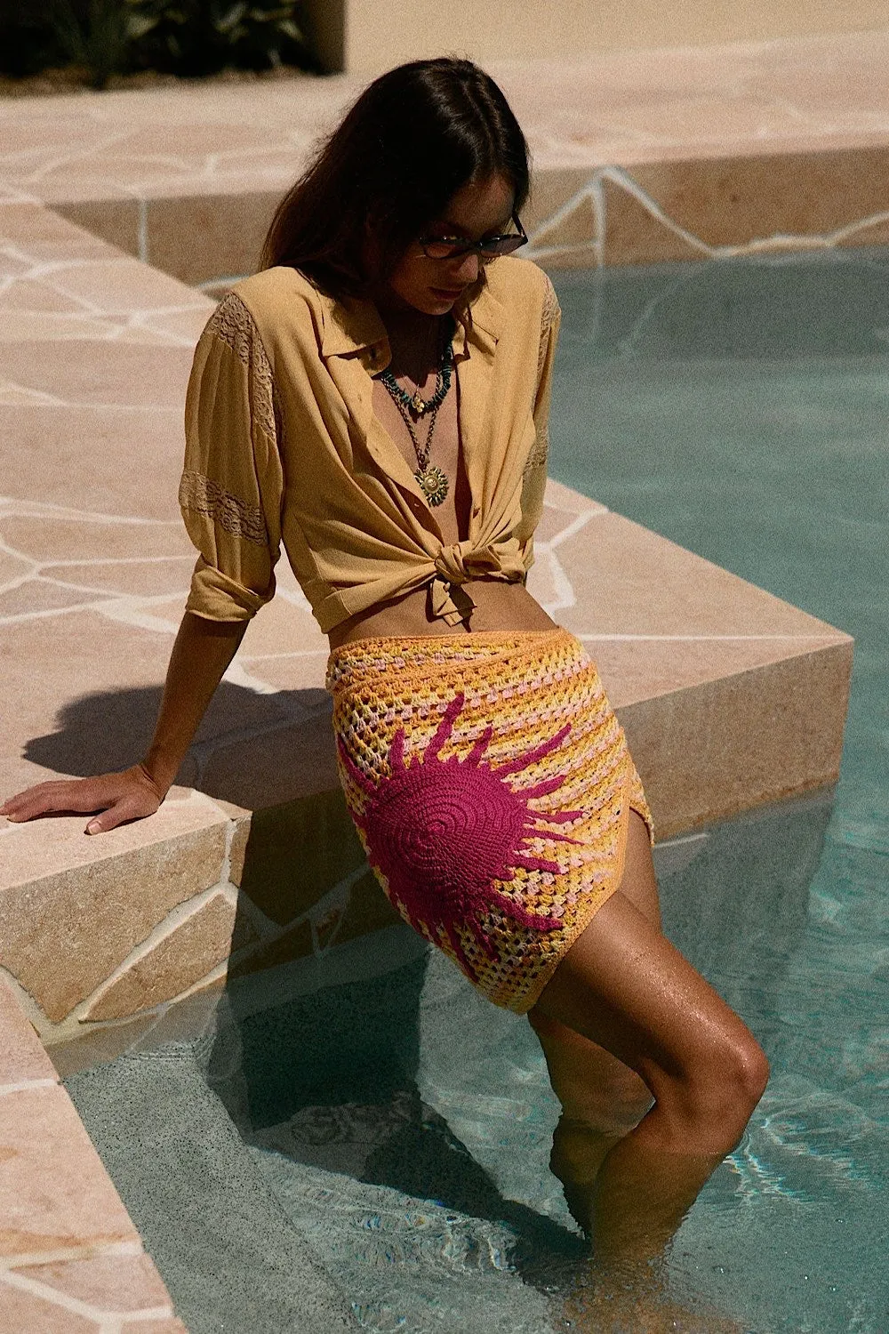 Cover Me In Sunshine Crochet Appliqué Sun Wrap Skirt