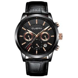CUENA Men's Watch | Stopwatch Date Luminous Hands Genuine Leather 30M Waterproof Clock | Man Quartz Watch | Men Fashion Watch