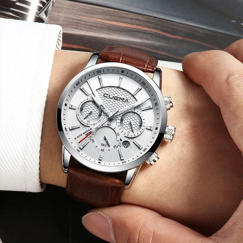 CUENA Men's Watch | Stopwatch Date Luminous Hands Genuine Leather 30M Waterproof Clock | Man Quartz Watch | Men Fashion Watch