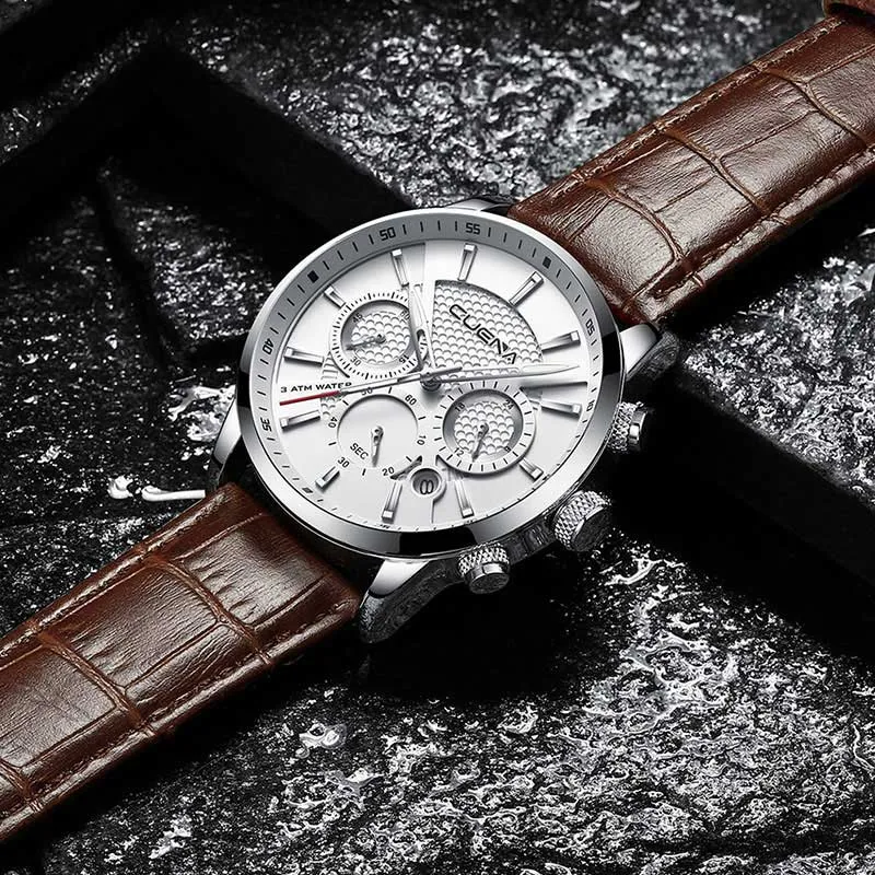 CUENA Men's Watch | Stopwatch Date Luminous Hands Genuine Leather 30M Waterproof Clock | Man Quartz Watch | Men Fashion Watch