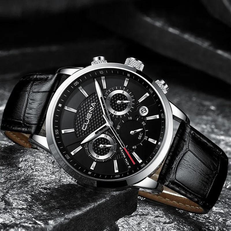 CUENA Men's Watch | Stopwatch Date Luminous Hands Genuine Leather 30M Waterproof Clock | Man Quartz Watch | Men Fashion Watch