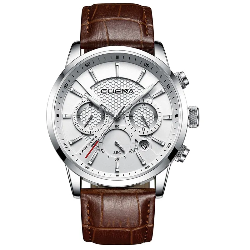 CUENA Men's Watch | Stopwatch Date Luminous Hands Genuine Leather 30M Waterproof Clock | Man Quartz Watch | Men Fashion Watch