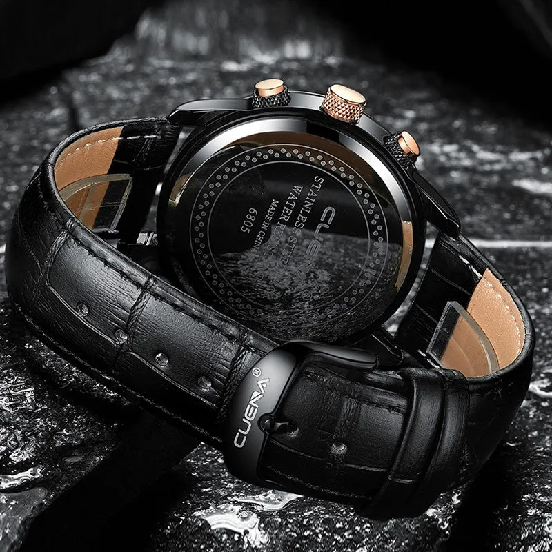 CUENA Men's Watch | Stopwatch Date Luminous Hands Genuine Leather 30M Waterproof Clock | Man Quartz Watch | Men Fashion Watch