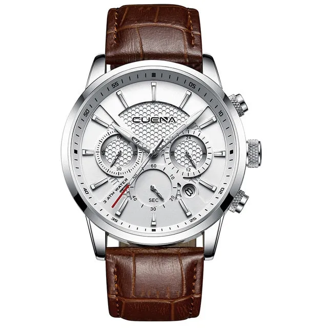 CUENA Men's Watch | Stopwatch Date Luminous Hands Genuine Leather 30M Waterproof Clock | Man Quartz Watch | Men Fashion Watch