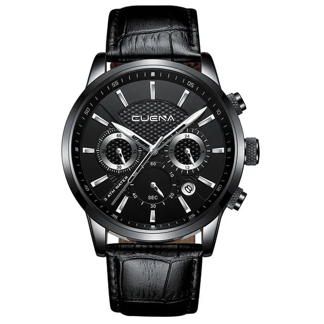 CUENA Men's Watch | Stopwatch Date Luminous Hands Genuine Leather 30M Waterproof Clock | Man Quartz Watch | Men Fashion Watch