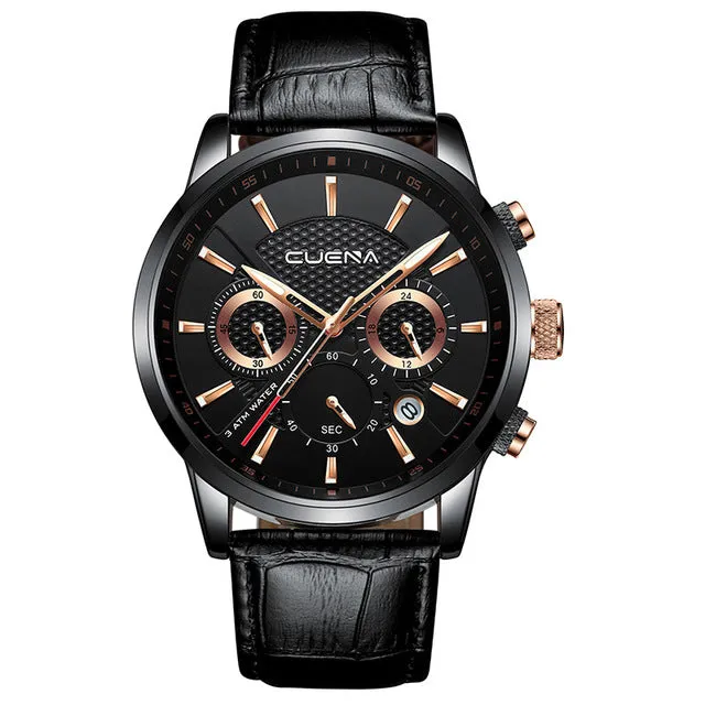 CUENA Men's Watch | Stopwatch Date Luminous Hands Genuine Leather 30M Waterproof Clock | Man Quartz Watch | Men Fashion Watch