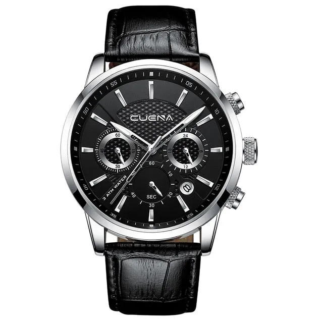 CUENA Men's Watch | Stopwatch Date Luminous Hands Genuine Leather 30M Waterproof Clock | Man Quartz Watch | Men Fashion Watch