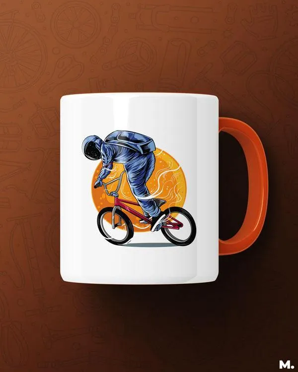 Cyclist in space printed mugs