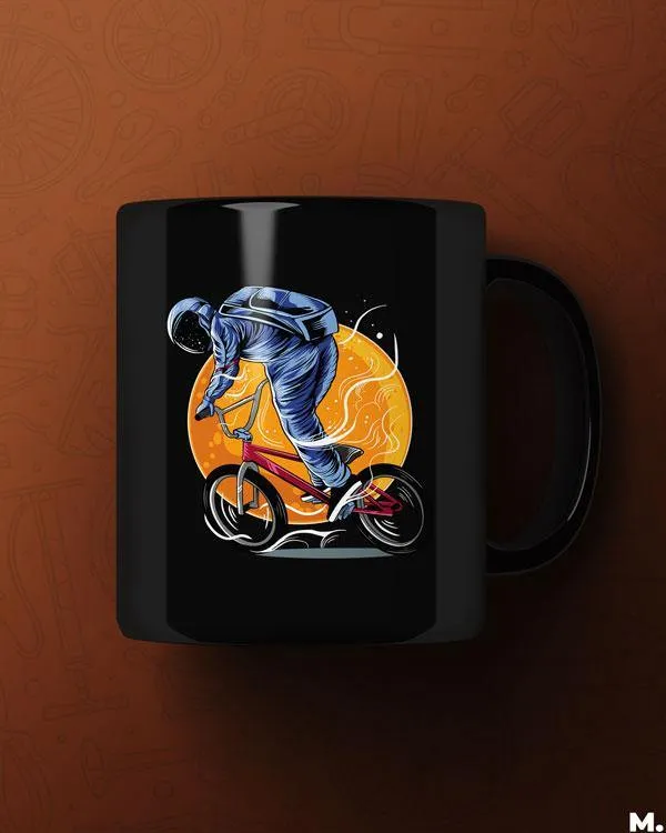 Cyclist in space printed mugs