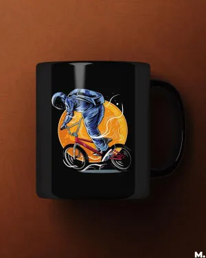 Cyclist in space printed mugs
