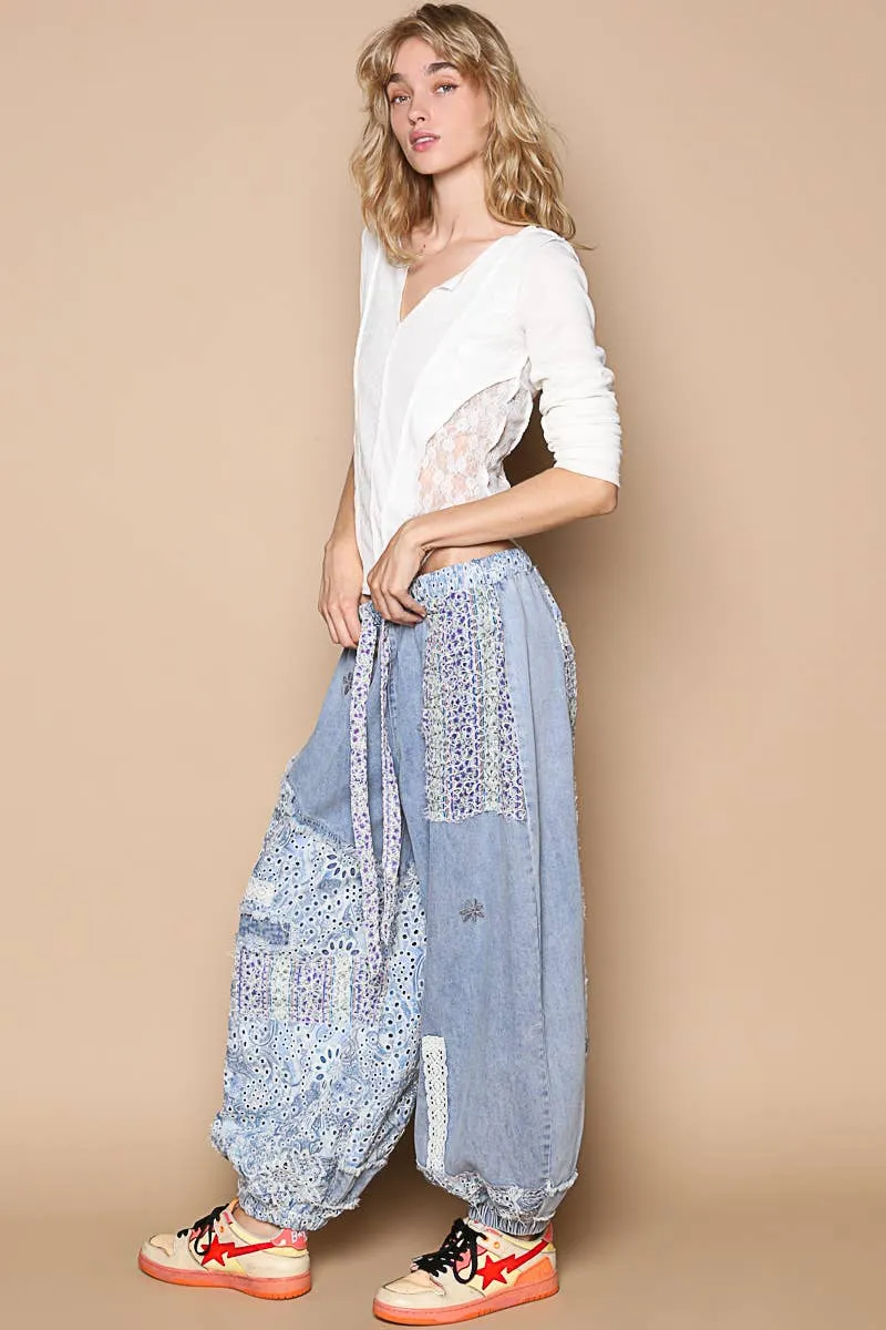 Denim Floral print patchwork twill jogger POL Pants
