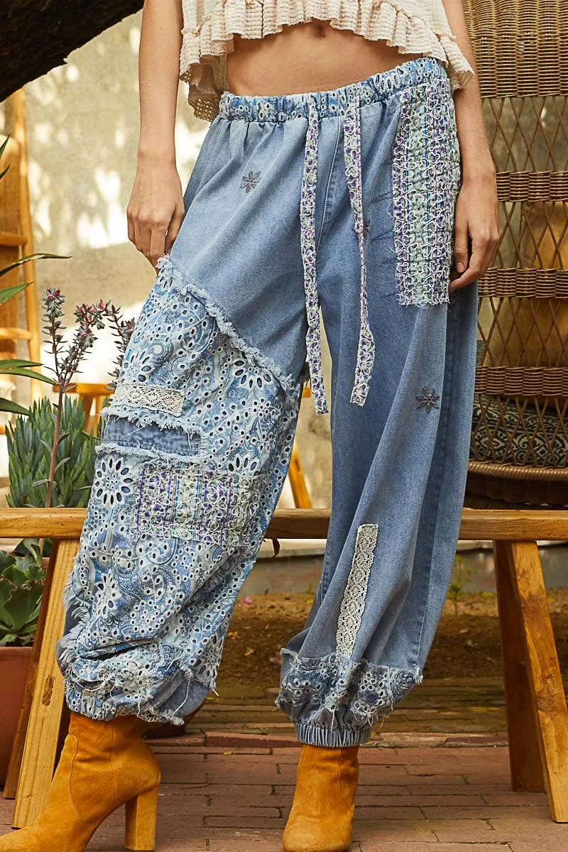 Denim Floral print patchwork twill jogger POL Pants