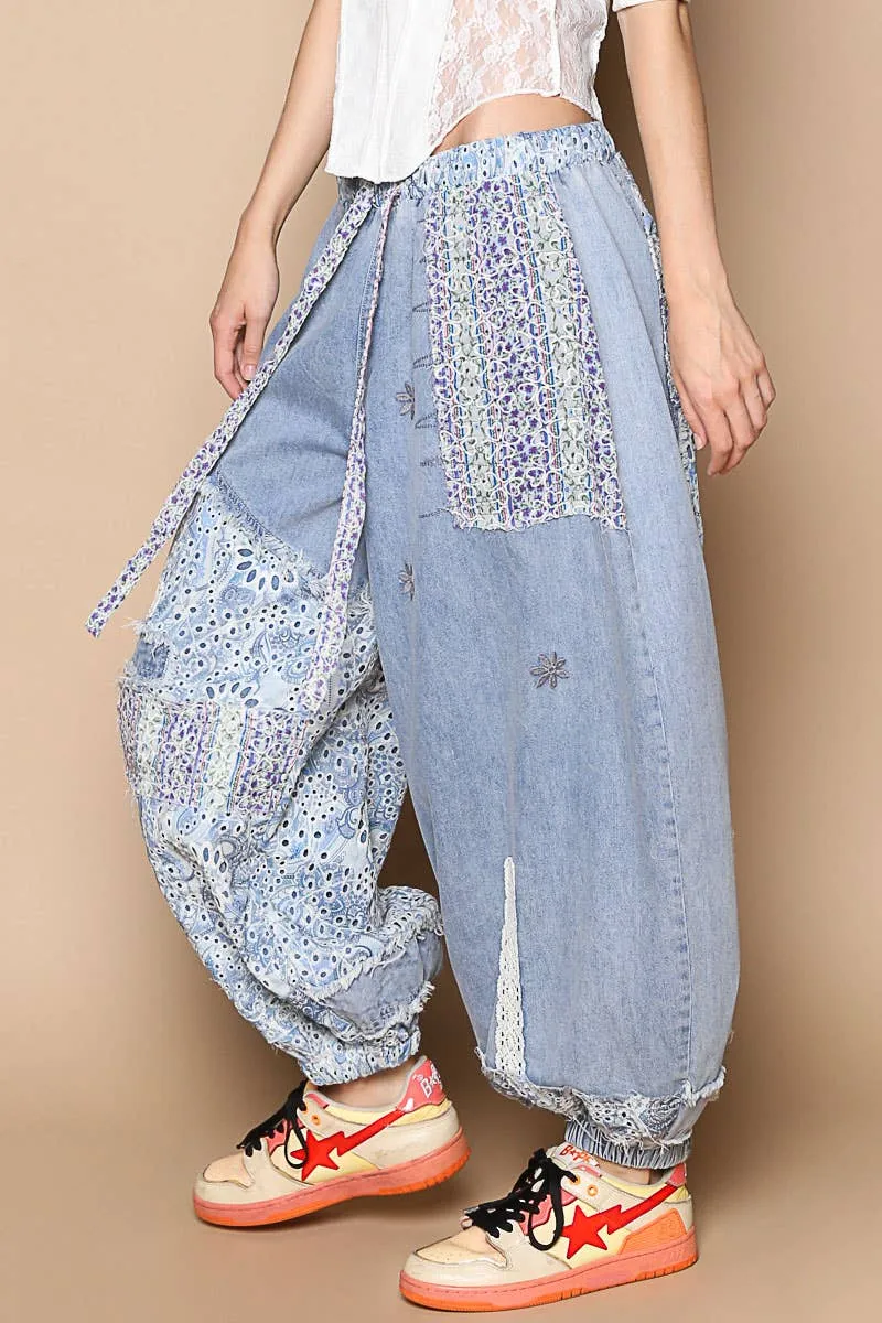 Denim Floral print patchwork twill jogger POL Pants