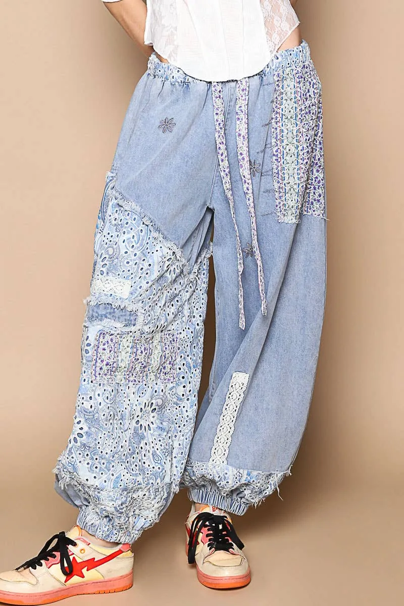 Denim Floral print patchwork twill jogger POL Pants