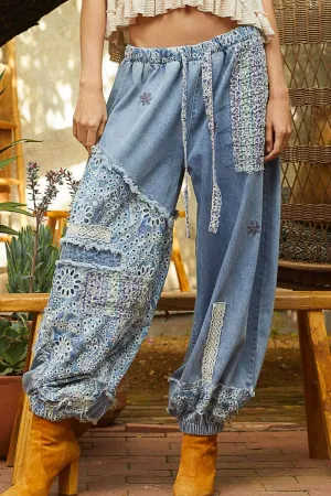 Denim Floral print patchwork twill jogger POL Pants