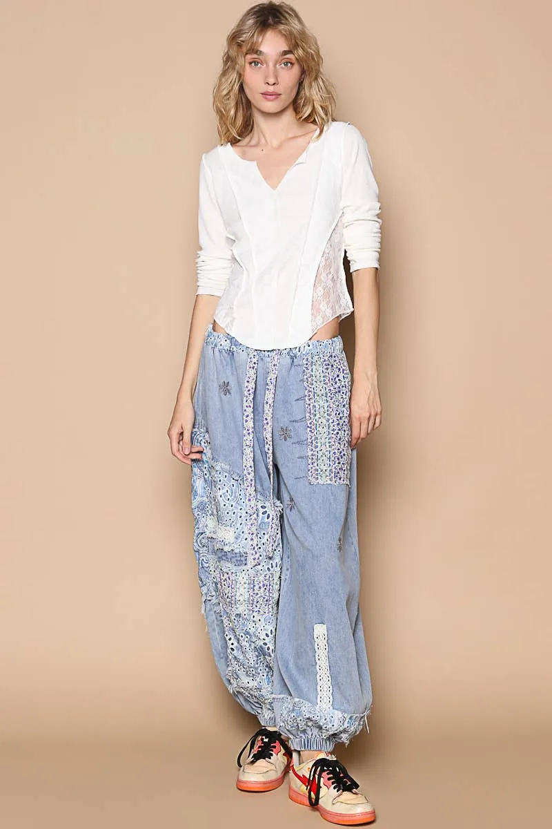 Denim Floral print patchwork twill jogger POL Pants
