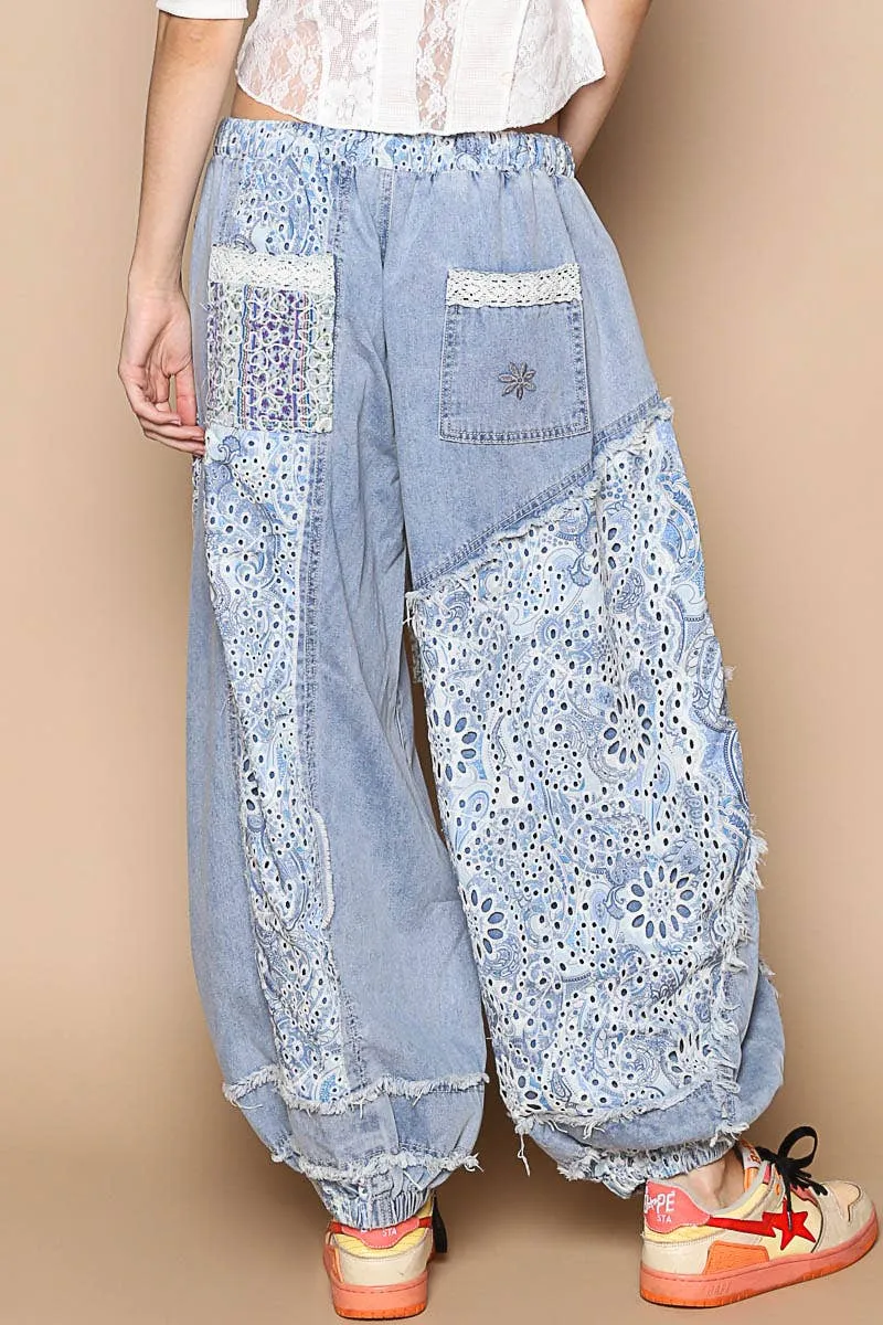 Denim Floral print patchwork twill jogger POL Pants