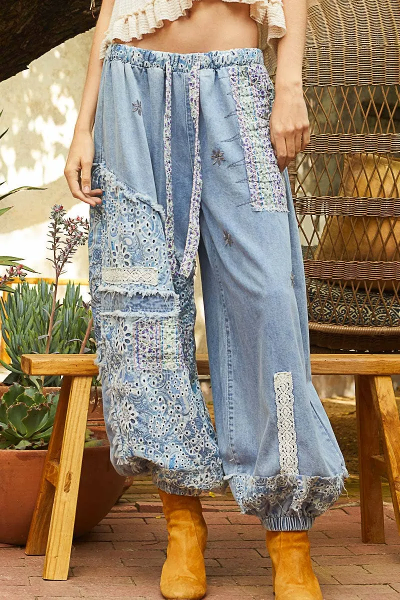 Denim Floral print patchwork twill jogger POL Pants