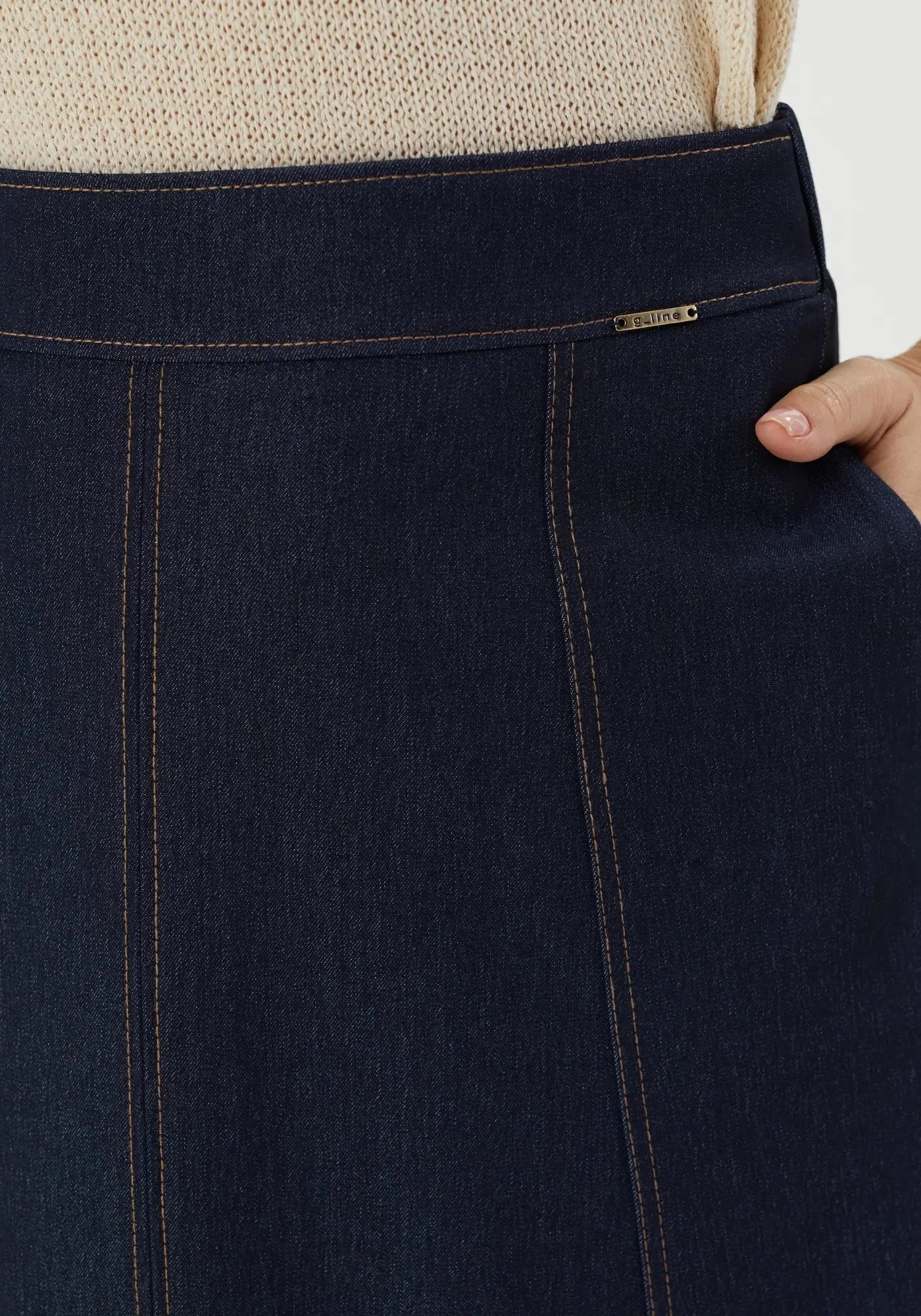 Denim Midi Skirt with Boho A-Line Design, Below the Knee