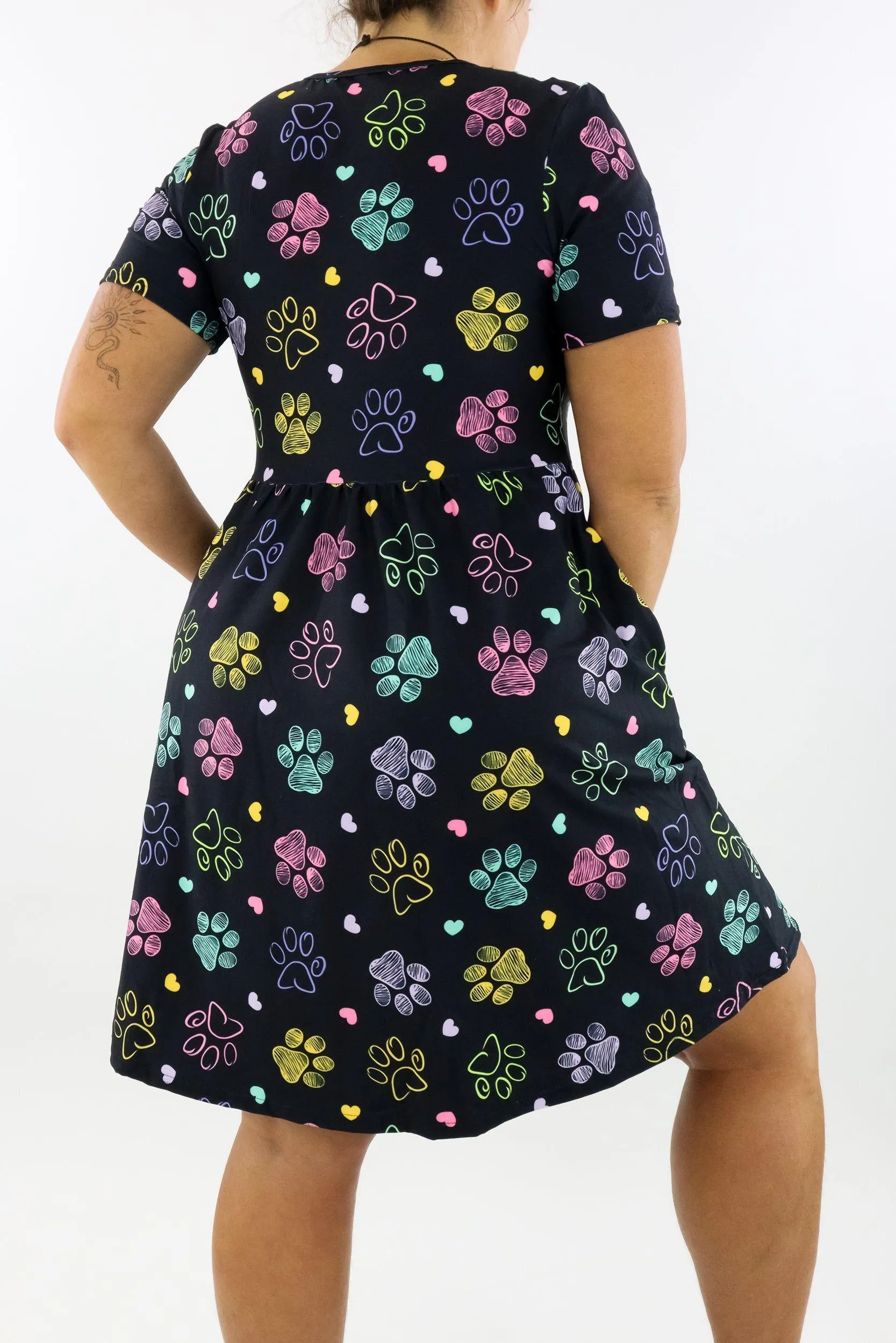 Doodle Paws - Short Sleeve Skater Dress - Knee Length - Side Pockets