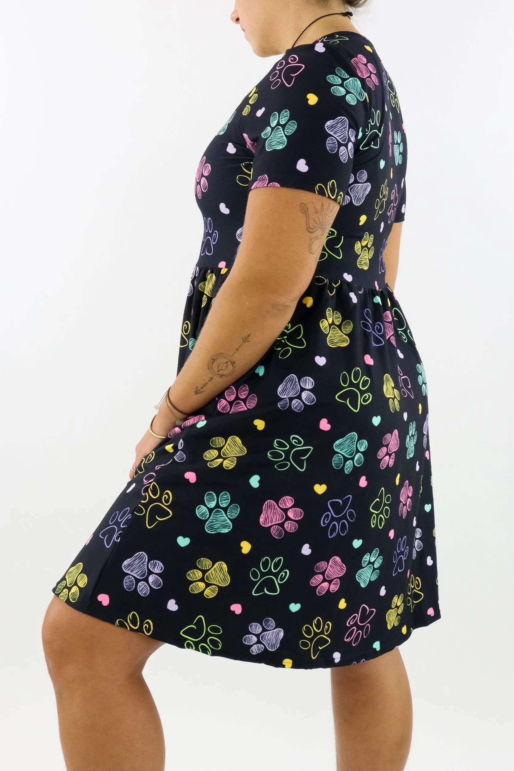 Doodle Paws - Short Sleeve Skater Dress - Knee Length - Side Pockets
