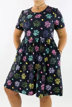 Doodle Paws - Short Sleeve Skater Dress - Knee Length - Side Pockets